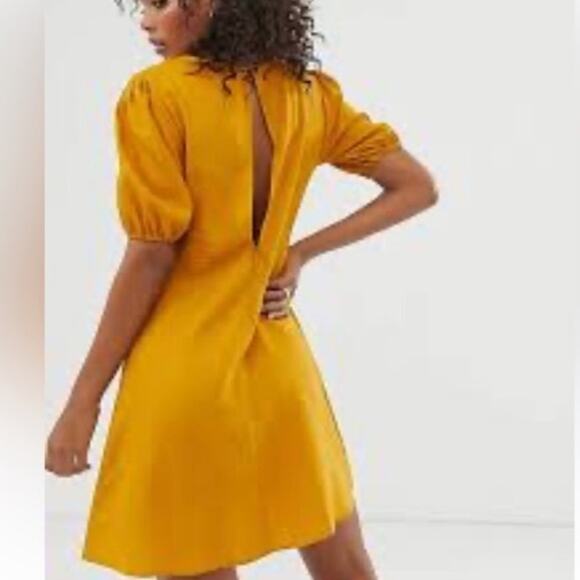 ASOS Womens Linen Mini Dress 10 Yellow Orange Puff Sleeve Keyhole Open Back - Picture 2 of 12